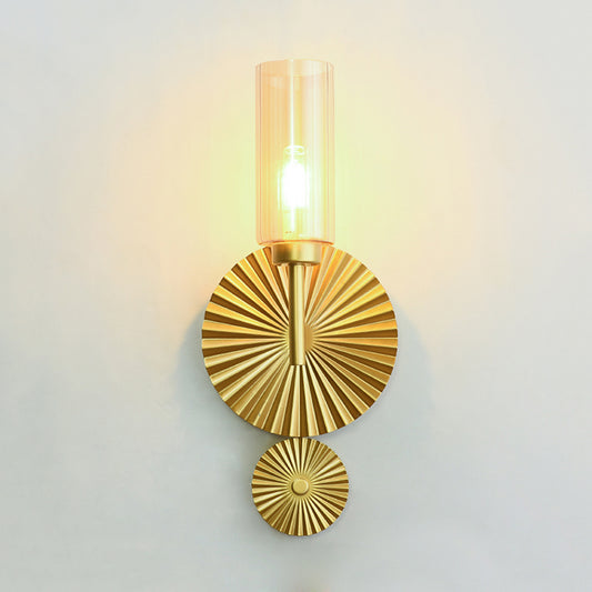 Mid Century Tubular Wall Lighting Ideas Clear/Amber/Smoke Grey Glass Single Bedside Sconce with Scalloped Backplate in Brass Clearhalo 'Cast Iron' 'Glass' 'Industrial' 'Modern wall lights' 'Modern' 'Tiffany' 'Traditional wall lights' 'Wall Lamps & Sconces' 'Wall Lights' Lighting' 786641