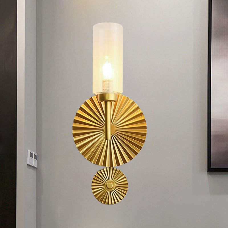 Mid Century Tubular Wall Lighting Ideas Clear/Amber/Smoke Grey Glass Single Bedside Sconce with Scalloped Backplate in Brass Clear Clearhalo 'Cast Iron' 'Glass' 'Industrial' 'Modern wall lights' 'Modern' 'Tiffany' 'Traditional wall lights' 'Wall Lamps & Sconces' 'Wall Lights' Lighting' 786643