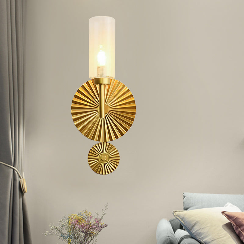 Mid Century Tubular Wall Lighting Ideas Clear/Amber/Smoke Grey Glass Single Bedside Sconce with Scalloped Backplate in Brass Clearhalo 'Cast Iron' 'Glass' 'Industrial' 'Modern wall lights' 'Modern' 'Tiffany' 'Traditional wall lights' 'Wall Lamps & Sconces' 'Wall Lights' Lighting' 786644