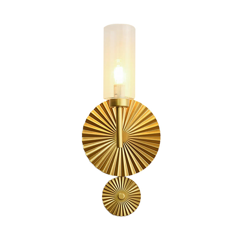 Mid Century Tubular Wall Lighting Ideas Clear/Amber/Smoke Grey Glass Single Bedside Sconce with Scalloped Backplate in Brass Clearhalo 'Cast Iron' 'Glass' 'Industrial' 'Modern wall lights' 'Modern' 'Tiffany' 'Traditional wall lights' 'Wall Lamps & Sconces' 'Wall Lights' Lighting' 786645
