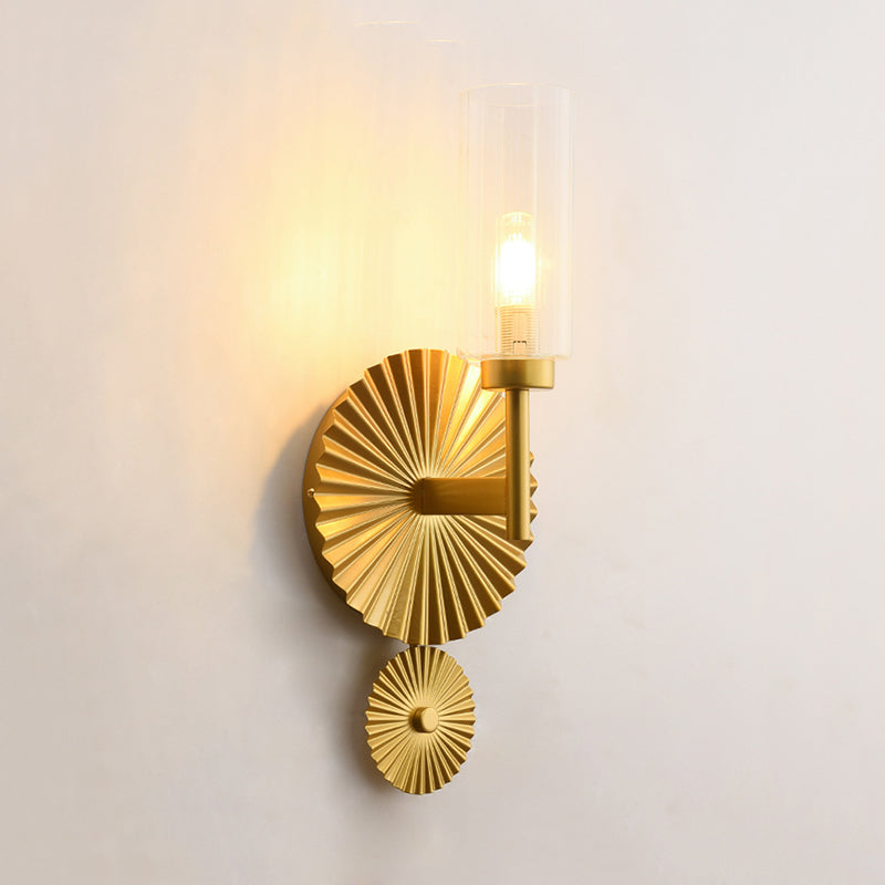Mid Century Tubular Wall Lighting Ideas Clear/Amber/Smoke Grey Glass Single Bedside Sconce with Scalloped Backplate in Brass Clearhalo 'Cast Iron' 'Glass' 'Industrial' 'Modern wall lights' 'Modern' 'Tiffany' 'Traditional wall lights' 'Wall Lamps & Sconces' 'Wall Lights' Lighting' 786646