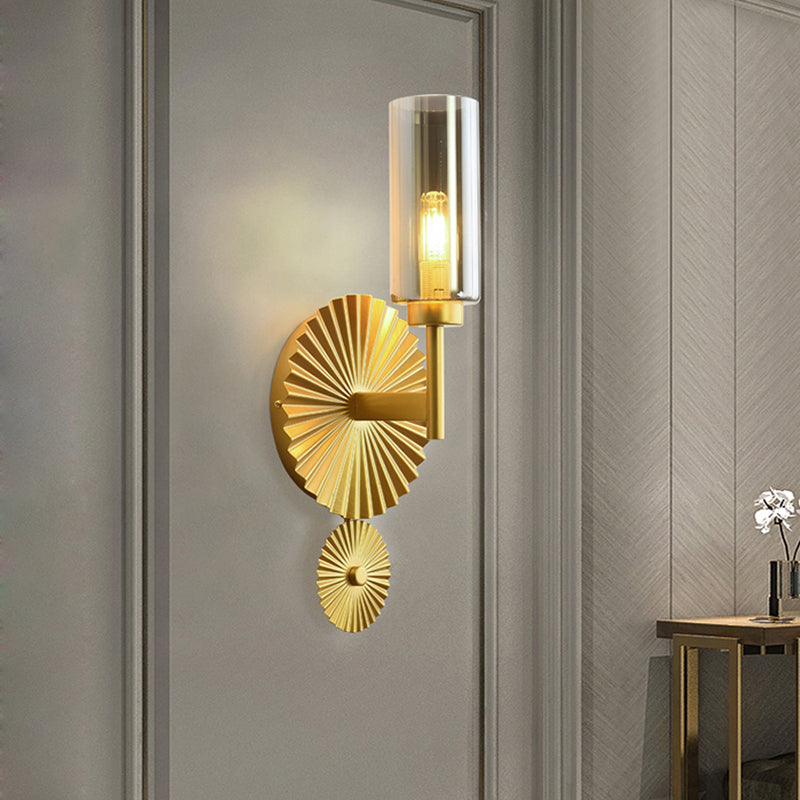 Mid Century Tubular Wall Lighting Ideas Clear/Amber/Smoke Grey Glass Single Bedside Sconce with Scalloped Backplate in Brass Clearhalo 'Cast Iron' 'Glass' 'Industrial' 'Modern wall lights' 'Modern' 'Tiffany' 'Traditional wall lights' 'Wall Lamps & Sconces' 'Wall Lights' Lighting' 786648