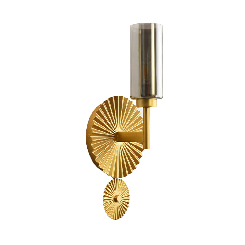 Mid Century Tubular Wall Lighting Ideas Clear/Amber/Smoke Grey Glass Single Bedside Sconce with Scalloped Backplate in Brass Clearhalo 'Cast Iron' 'Glass' 'Industrial' 'Modern wall lights' 'Modern' 'Tiffany' 'Traditional wall lights' 'Wall Lamps & Sconces' 'Wall Lights' Lighting' 786649