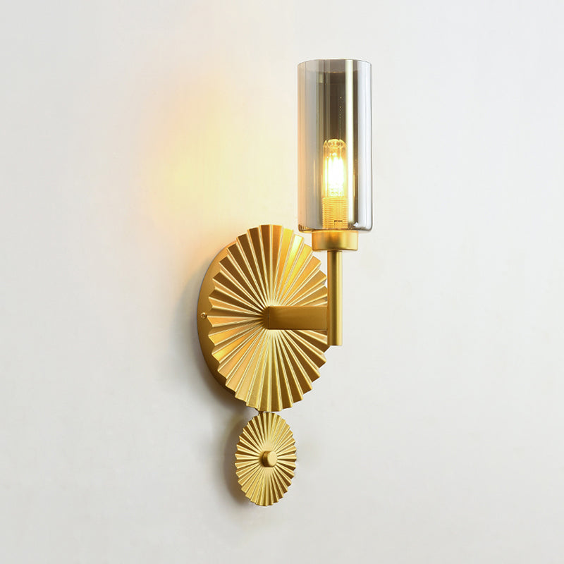 Mid Century Tubular Wall Lighting Ideas Clear/Amber/Smoke Grey Glass Single Bedside Sconce with Scalloped Backplate in Brass Clearhalo 'Cast Iron' 'Glass' 'Industrial' 'Modern wall lights' 'Modern' 'Tiffany' 'Traditional wall lights' 'Wall Lamps & Sconces' 'Wall Lights' Lighting' 786650