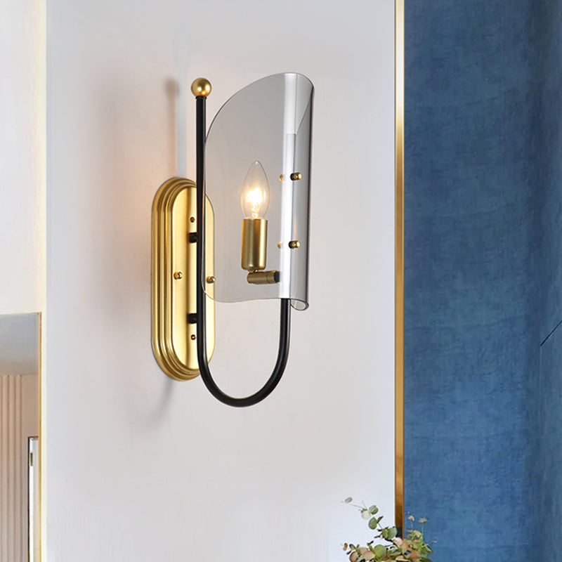 1-Light Hall Wall Mounted Lamp Mid Century Black-Brass Sconce Lighting with Curving Smoke Grey Glass Shade Smoke Gray Clearhalo 'Cast Iron' 'Glass' 'Industrial' 'Modern wall lights' 'Modern' 'Tiffany' 'Traditional wall lights' 'Wall Lamps & Sconces' 'Wall Lights' Lighting' 786651