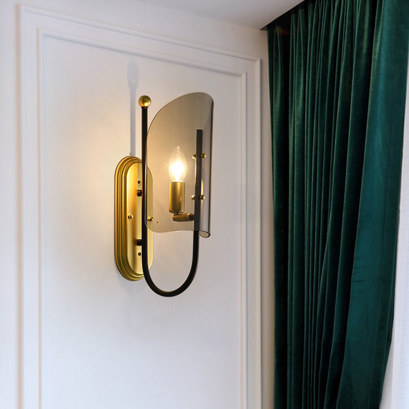 1-Light Hall Wall Mounted Lamp Mid Century Black-Brass Sconce Lighting with Curving Smoke Grey Glass Shade Clearhalo 'Cast Iron' 'Glass' 'Industrial' 'Modern wall lights' 'Modern' 'Tiffany' 'Traditional wall lights' 'Wall Lamps & Sconces' 'Wall Lights' Lighting' 786652