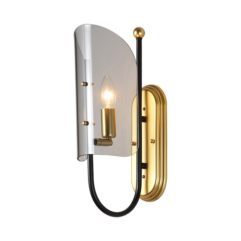 1-Light Hall Wall Mounted Lamp Mid Century Black-Brass Sconce Lighting with Curving Smoke Grey Glass Shade Clearhalo 'Cast Iron' 'Glass' 'Industrial' 'Modern wall lights' 'Modern' 'Tiffany' 'Traditional wall lights' 'Wall Lamps & Sconces' 'Wall Lights' Lighting' 786653