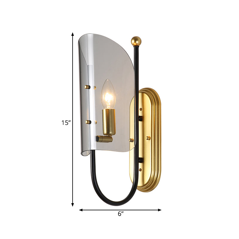 1-Light Hall Wall Mounted Lamp Mid Century Black-Brass Sconce Lighting with Curving Smoke Grey Glass Shade Clearhalo 'Cast Iron' 'Glass' 'Industrial' 'Modern wall lights' 'Modern' 'Tiffany' 'Traditional wall lights' 'Wall Lamps & Sconces' 'Wall Lights' Lighting' 786654