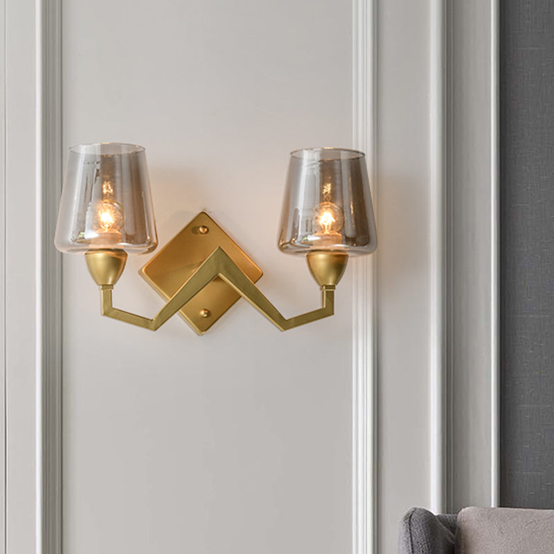 Truncated Cone Shade Wall Lamp Mid-Century Smoke/Clear Glass 1 Bulb Brass Sconce Light Fixture Smoke Gray Clearhalo 'Cast Iron' 'Glass' 'Industrial' 'Modern wall lights' 'Modern' 'Tiffany' 'Traditional wall lights' 'Wall Lamps & Sconces' 'Wall Lights' Lighting' 786655