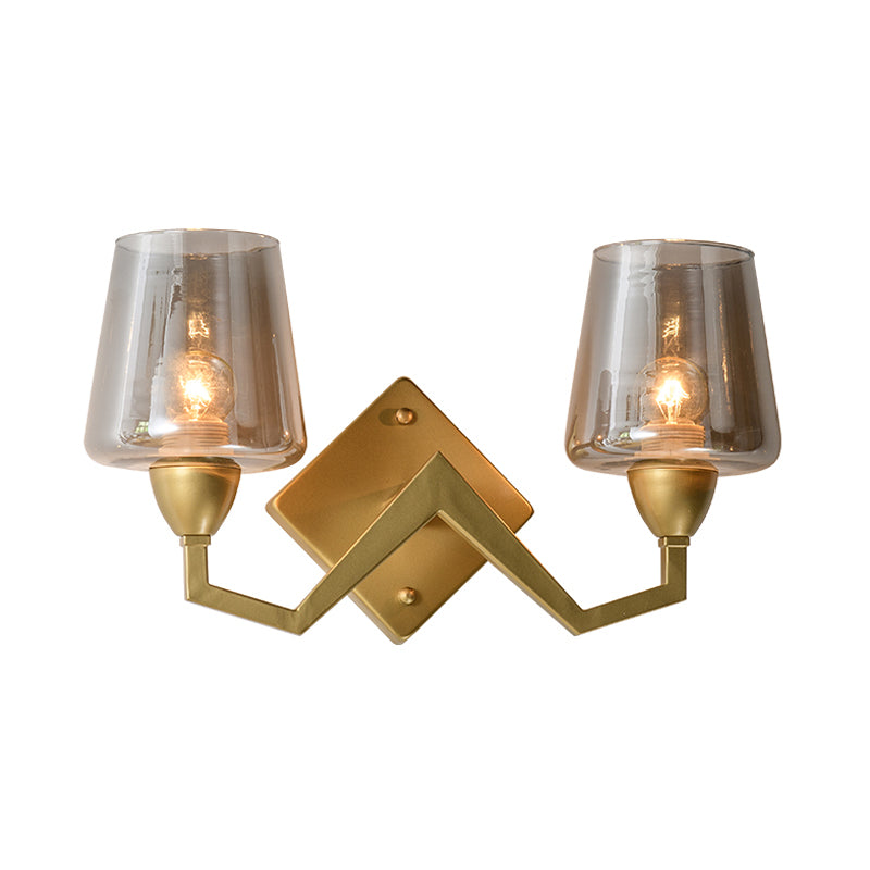 Truncated Cone Shade Wall Lamp Mid-Century Smoke/Clear Glass 1 Bulb Brass Sconce Light Fixture Clearhalo 'Cast Iron' 'Glass' 'Industrial' 'Modern wall lights' 'Modern' 'Tiffany' 'Traditional wall lights' 'Wall Lamps & Sconces' 'Wall Lights' Lighting' 786656