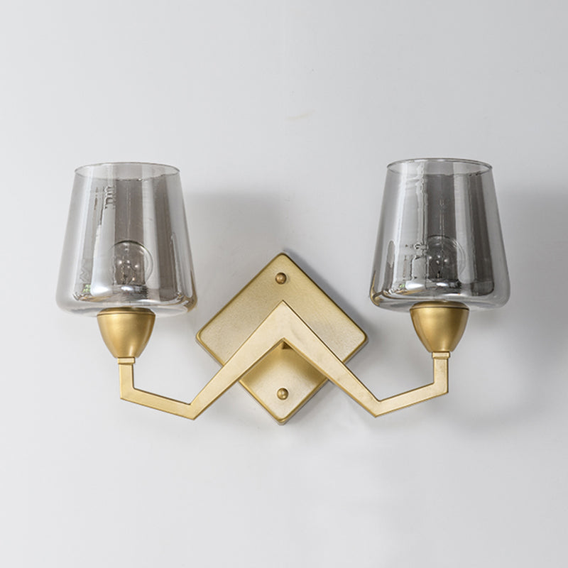 Truncated Cone Shade Wall Lamp Mid-Century Smoke/Clear Glass 1 Bulb Brass Sconce Light Fixture Clearhalo 'Cast Iron' 'Glass' 'Industrial' 'Modern wall lights' 'Modern' 'Tiffany' 'Traditional wall lights' 'Wall Lamps & Sconces' 'Wall Lights' Lighting' 786657