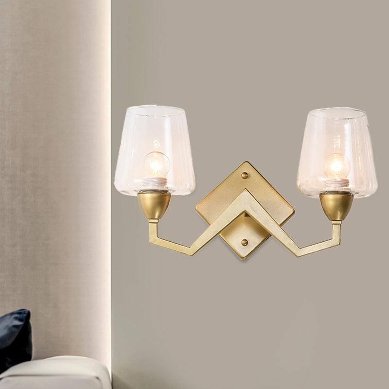 Truncated Cone Shade Wall Lamp Mid-Century Smoke/Clear Glass 1 Bulb Brass Sconce Light Fixture Clear Clearhalo 'Cast Iron' 'Glass' 'Industrial' 'Modern wall lights' 'Modern' 'Tiffany' 'Traditional wall lights' 'Wall Lamps & Sconces' 'Wall Lights' Lighting' 786659