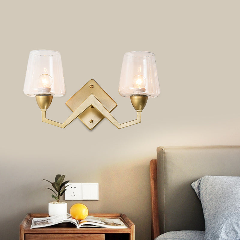 Truncated Cone Shade Wall Lamp Mid-Century Smoke/Clear Glass 1 Bulb Brass Sconce Light Fixture Clearhalo 'Cast Iron' 'Glass' 'Industrial' 'Modern wall lights' 'Modern' 'Tiffany' 'Traditional wall lights' 'Wall Lamps & Sconces' 'Wall Lights' Lighting' 786660