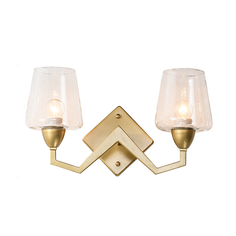 Truncated Cone Shade Wall Lamp Mid-Century Smoke/Clear Glass 1 Bulb Brass Sconce Light Fixture Clearhalo 'Cast Iron' 'Glass' 'Industrial' 'Modern wall lights' 'Modern' 'Tiffany' 'Traditional wall lights' 'Wall Lamps & Sconces' 'Wall Lights' Lighting' 786661