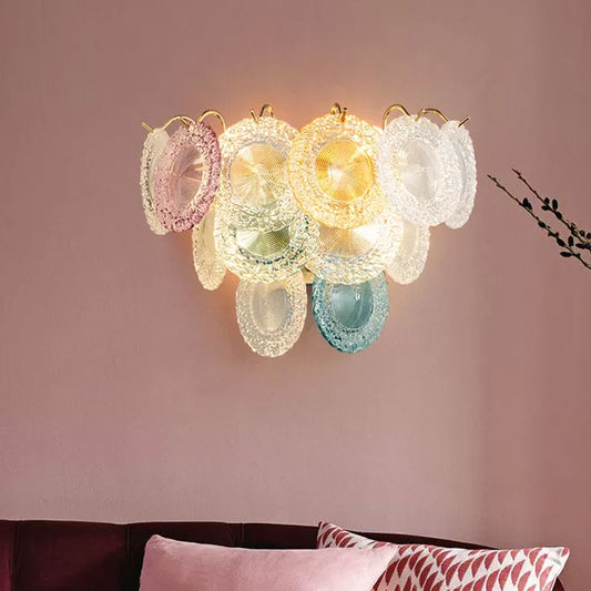 Modernist Layered Disc Wall Light Pink and Blue Glass 5 Bulbs Dining Room Wall Mounted Lighting Fixture Pink-Blue Clearhalo 'Modern wall lights' 'Modern' 'Wall Lamps & Sconces' 'Wall Lights' Lighting' 786663
