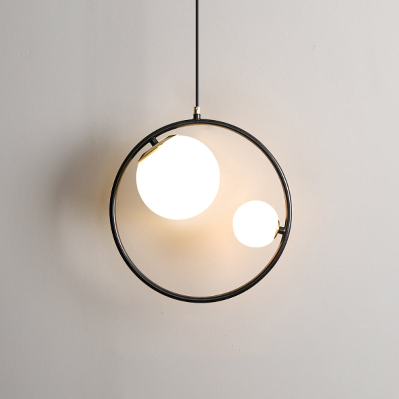 Black Loop Pendant Chandelier Contemporary 2 Lights Metal Hanging Light with Ball Opaline Glass Lamp Shade Clearhalo 'Ceiling Lights' 'Chandeliers' 'Modern Chandeliers' 'Modern' Lighting' 786713