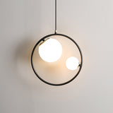 Black Loop Pendant Chandelier Contemporary 2 Lights Metal Hanging Light with Ball Opaline Glass Lamp Shade Clearhalo 'Ceiling Lights' 'Chandeliers' 'Modern Chandeliers' 'Modern' Lighting' 786713