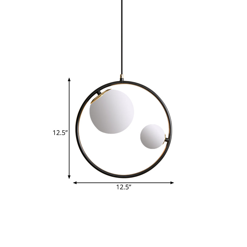 Black Loop Pendant Chandelier Contemporary 2 Lights Metal Hanging Light with Ball Opaline Glass Lamp Shade Clearhalo 'Ceiling Lights' 'Chandeliers' 'Modern Chandeliers' 'Modern' Lighting' 786714