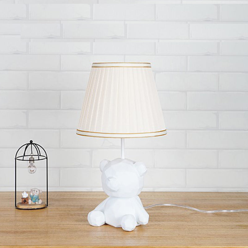 Barrel Fabric Table Light Cartoon 1 Light White/Blue Finish Night Lamp with Bear Resin Base White Clearhalo 'Lamps' 'Table Lamps' Lighting' 786719