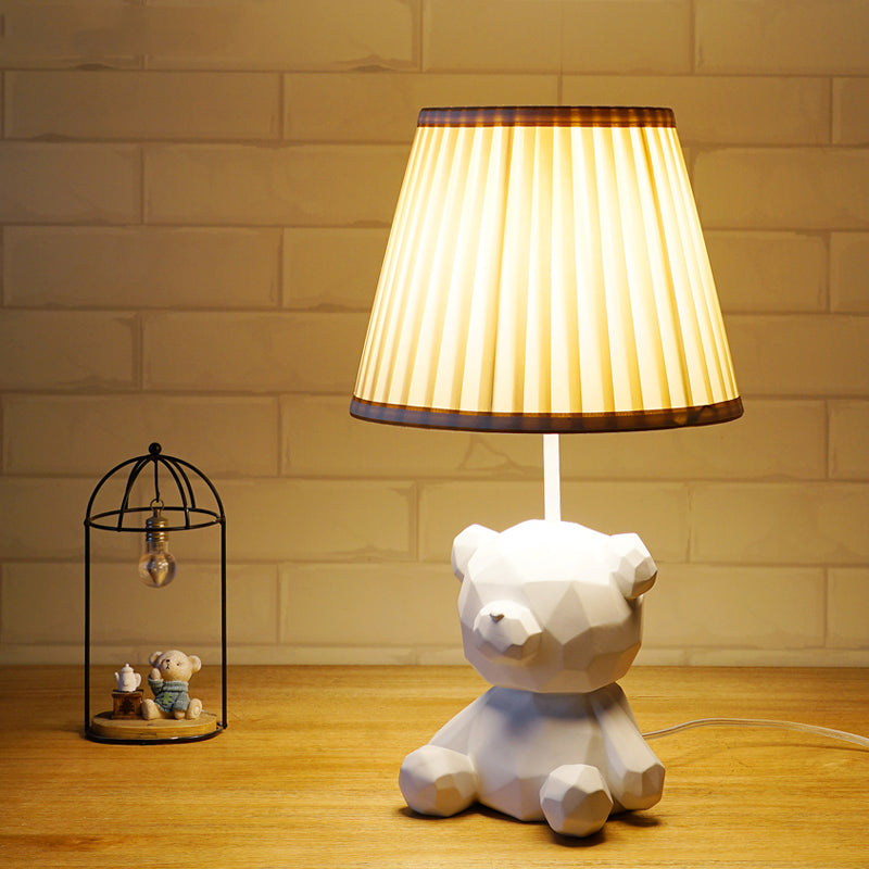 Barrel Fabric Table Light Cartoon 1 Light White/Blue Finish Night Lamp with Bear Resin Base Clearhalo 'Lamps' 'Table Lamps' Lighting' 786720
