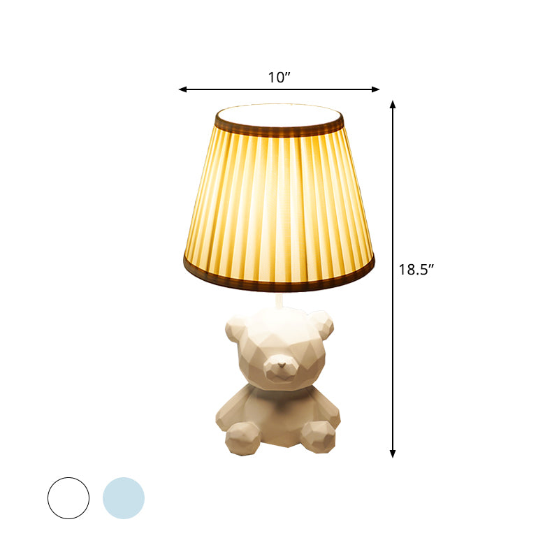 Barrel Fabric Table Light Cartoon 1 Light White/Blue Finish Night Lamp with Bear Resin Base Clearhalo 'Lamps' 'Table Lamps' Lighting' 786722