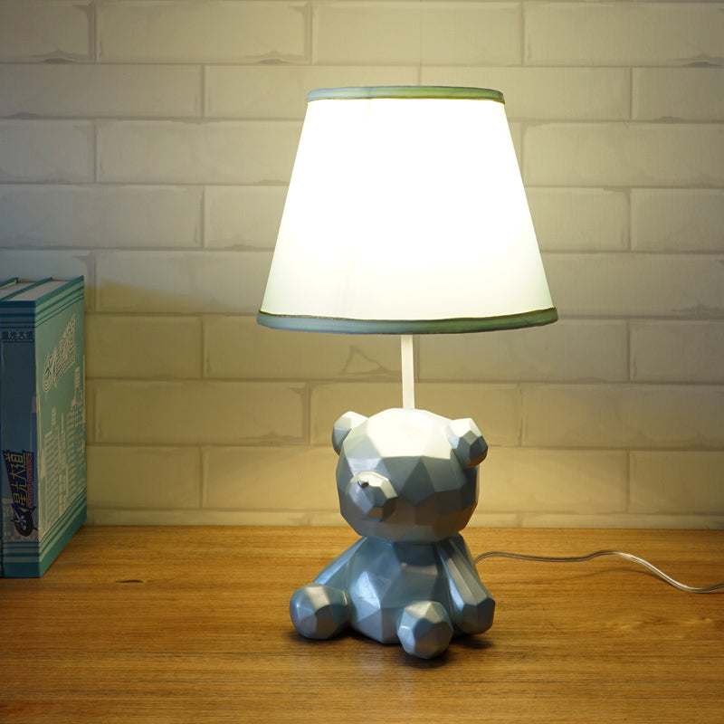 Barrel Fabric Table Light Cartoon 1 Light White/Blue Finish Night Lamp with Bear Resin Base Blue Clearhalo 'Lamps' 'Table Lamps' Lighting' 786723