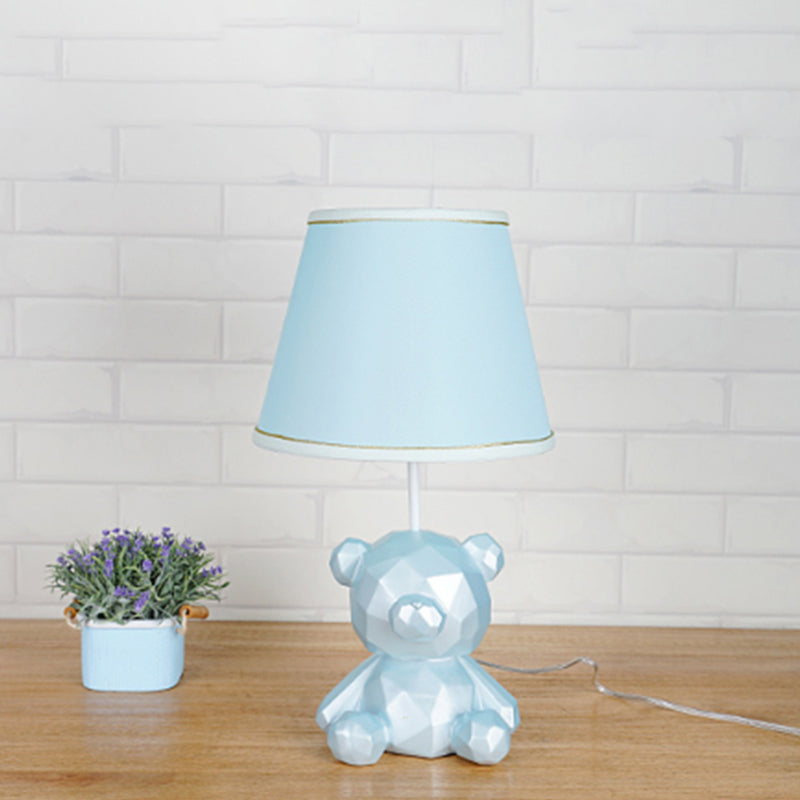 Barrel Fabric Table Light Cartoon 1 Light White/Blue Finish Night Lamp with Bear Resin Base Clearhalo 'Lamps' 'Table Lamps' Lighting' 786724