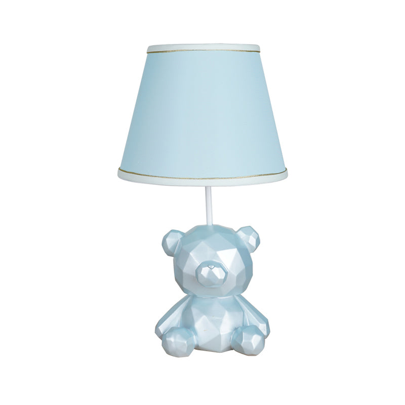 Barrel Fabric Table Light Cartoon 1 Light White/Blue Finish Night Lamp with Bear Resin Base Clearhalo 'Lamps' 'Table Lamps' Lighting' 786725