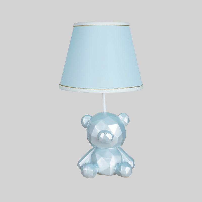 Barrel Fabric Table Light Cartoon 1 Light White/Blue Finish Night Lamp with Bear Resin Base Clearhalo 'Lamps' 'Table Lamps' Lighting' 786726