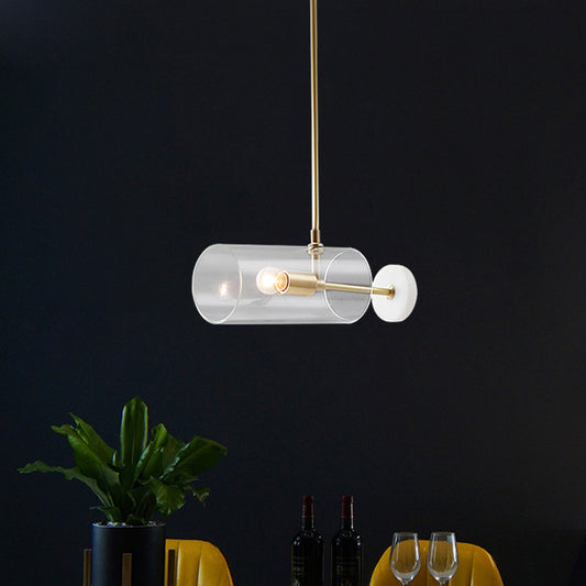 Single Dining Table Suspension Pendant Minimalism Brass Hanging Light with Cylinder Translucent Glass Shade Brass Clearhalo 'Ceiling Lights' 'Glass shade' 'Glass' 'Island Lights' 'Modern Pendants' 'Modern' 'Pendant Lights' 'Pendants' Lighting' 786731