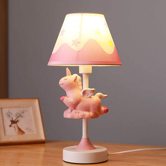 Unicorn Bedroom Night Light Resin 1-Light Cartoon Night Table Lamp in Pink/Yellow/Blue with Cone Fabric Shade Pink Clearhalo 'Lamps' 'Table Lamps' Lighting' 786735