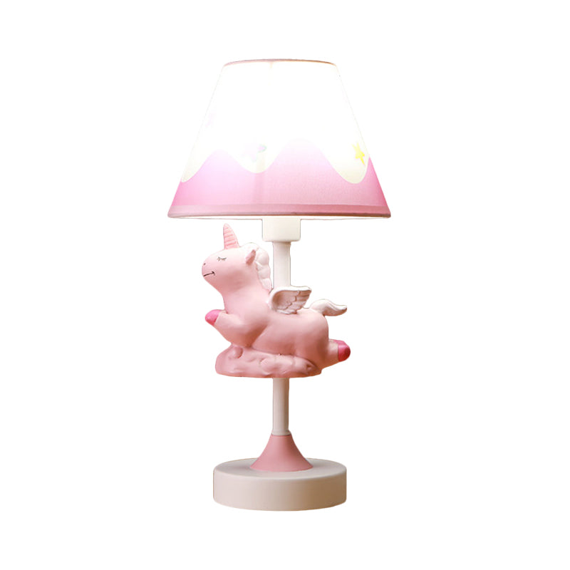 Unicorn Bedroom Night Light Resin 1-Light Cartoon Night Table Lamp in Pink/Yellow/Blue with Cone Fabric Shade Clearhalo 'Lamps' 'Table Lamps' Lighting' 786736