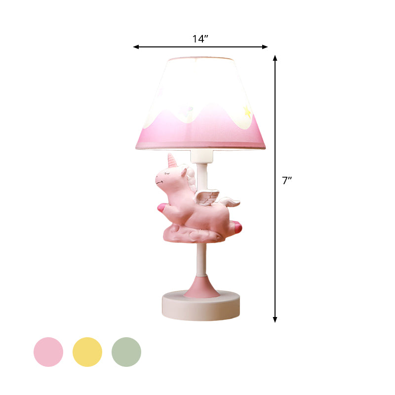 Unicorn Bedroom Night Light Resin 1-Light Cartoon Night Table Lamp in Pink/Yellow/Blue with Cone Fabric Shade Clearhalo 'Lamps' 'Table Lamps' Lighting' 786738