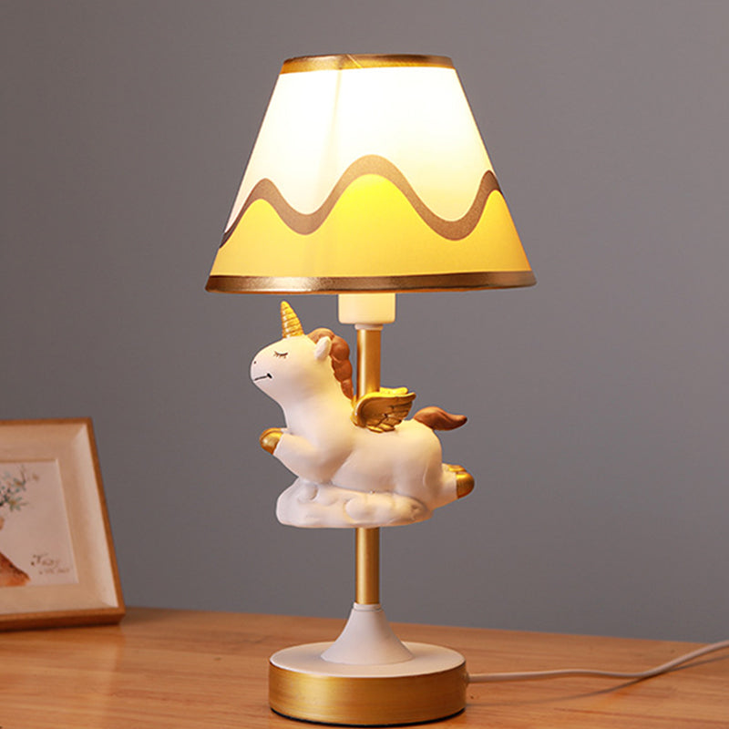 Unicorn Bedroom Night Light Resin 1-Light Cartoon Night Table Lamp in Pink/Yellow/Blue with Cone Fabric Shade Yellow Clearhalo 'Lamps' 'Table Lamps' Lighting' 786739
