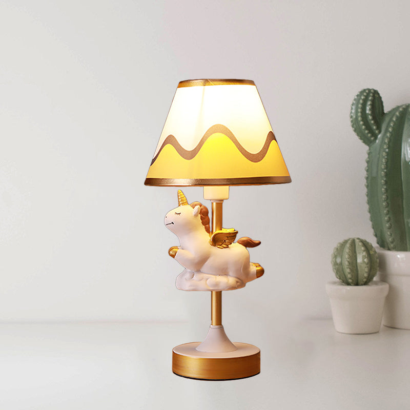 Unicorn Bedroom Night Light Resin 1-Light Cartoon Night Table Lamp in Pink/Yellow/Blue with Cone Fabric Shade Clearhalo 'Lamps' 'Table Lamps' Lighting' 786740