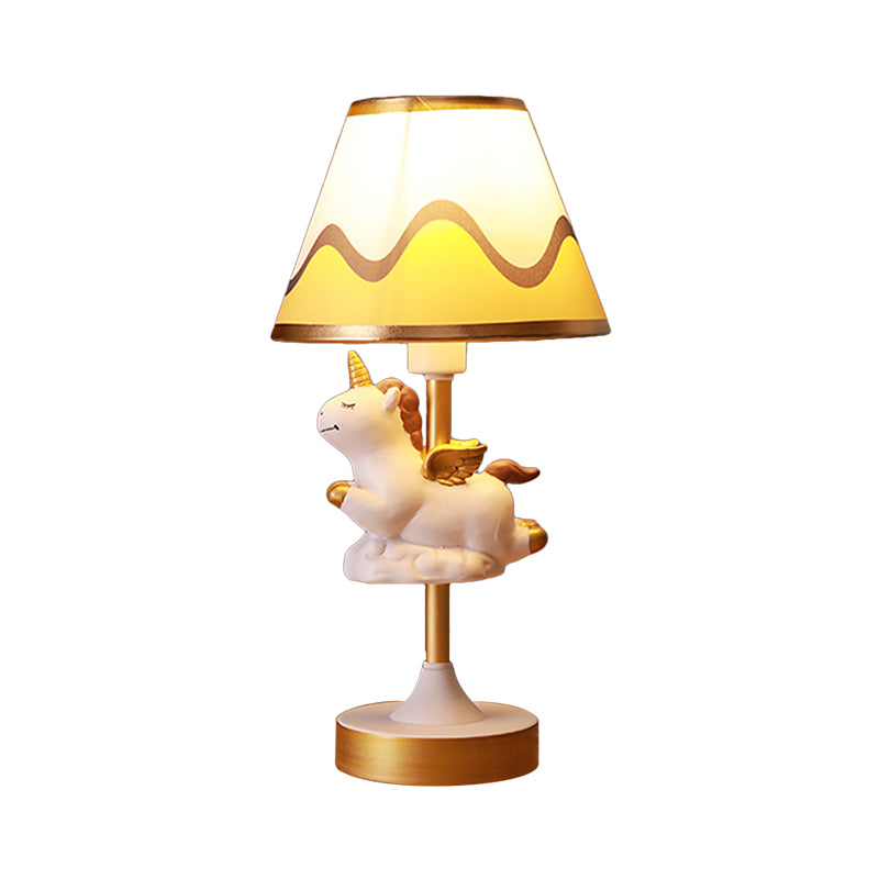 Unicorn Bedroom Night Light Resin 1-Light Cartoon Night Table Lamp in Pink/Yellow/Blue with Cone Fabric Shade Clearhalo 'Lamps' 'Table Lamps' Lighting' 786741