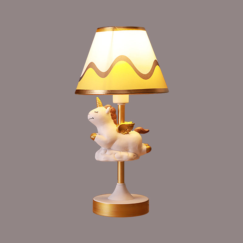 Unicorn Bedroom Night Light Resin 1-Light Cartoon Night Table Lamp in Pink/Yellow/Blue with Cone Fabric Shade Clearhalo 'Lamps' 'Table Lamps' Lighting' 786742
