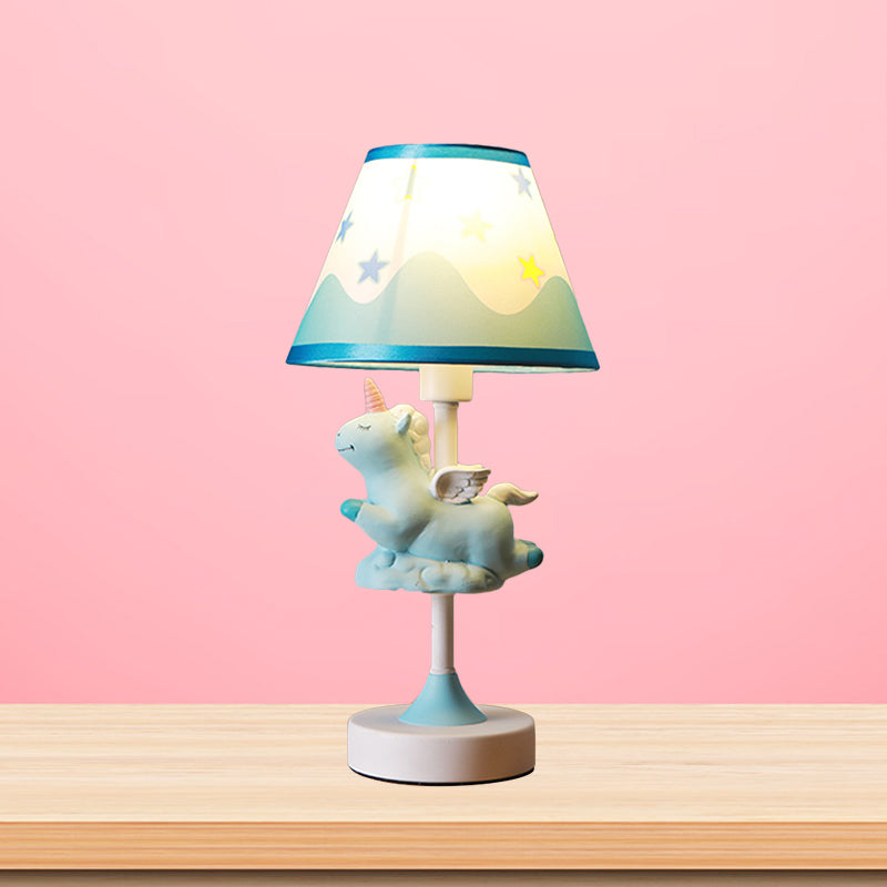 Unicorn Bedroom Night Light Resin 1-Light Cartoon Night Table Lamp in Pink/Yellow/Blue with Cone Fabric Shade Clearhalo 'Lamps' 'Table Lamps' Lighting' 786744