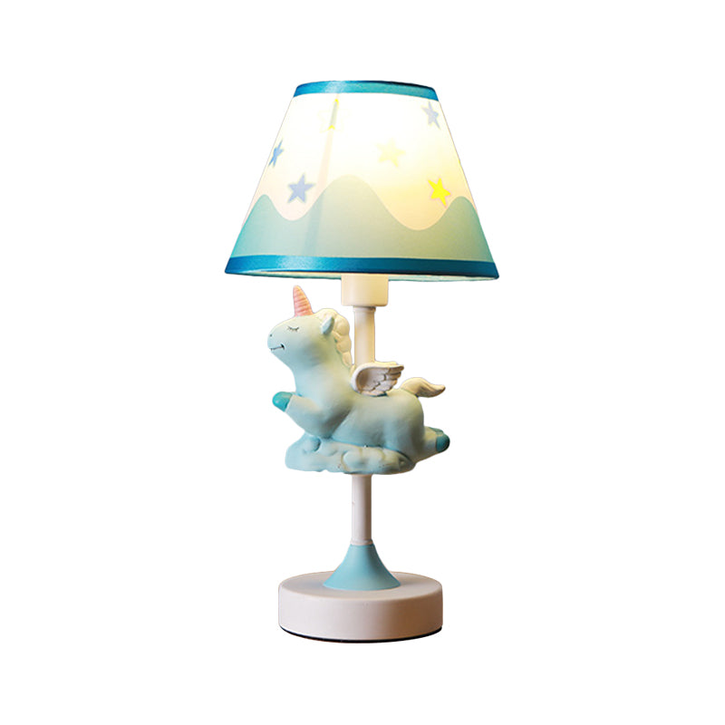 Unicorn Bedroom Night Light Resin 1-Light Cartoon Night Table Lamp in Pink/Yellow/Blue with Cone Fabric Shade Clearhalo 'Lamps' 'Table Lamps' Lighting' 786745