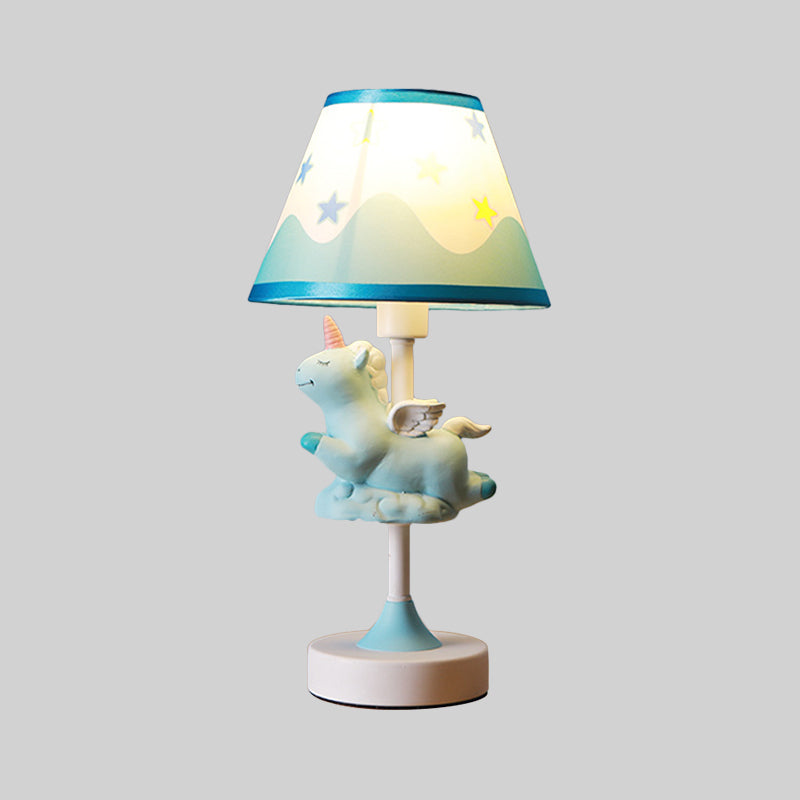 Unicorn Bedroom Night Light Resin 1-Light Cartoon Night Table Lamp in Pink/Yellow/Blue with Cone Fabric Shade Clearhalo 'Lamps' 'Table Lamps' Lighting' 786746