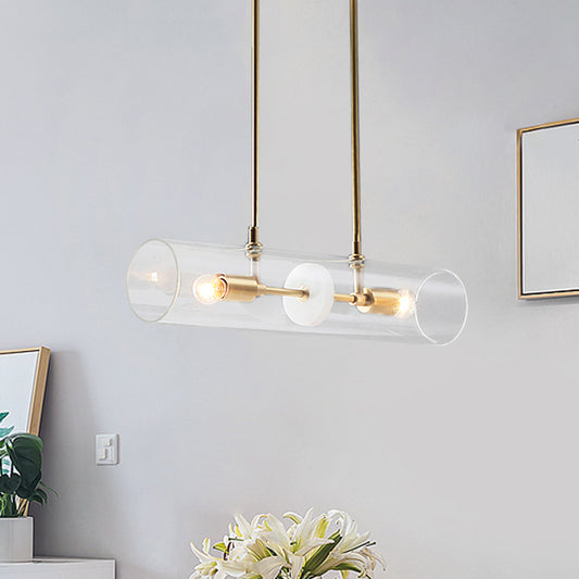 Clear Glass Horizontal Tube Island Pendant Minimalist 2 Heads Brass Finish Suspended Lighting Fixture Clear Clearhalo 'Ceiling Lights' 'Glass shade' 'Glass' 'Island Lights' Lighting' 786751