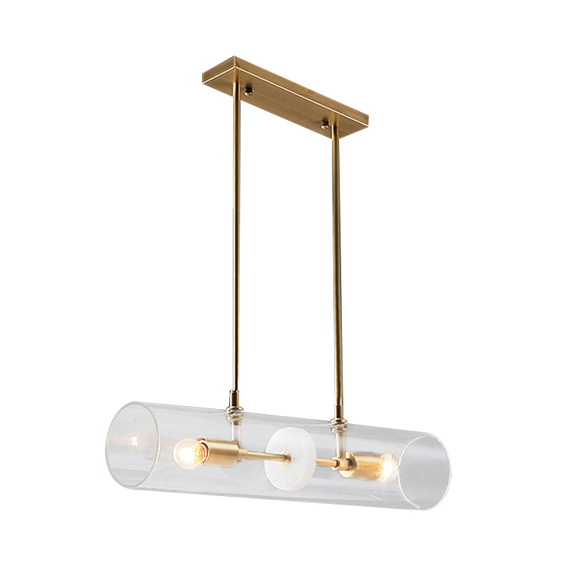 Clear Glass Horizontal Tube Island Pendant Minimalist 2 Heads Brass Finish Suspended Lighting Fixture Clearhalo 'Ceiling Lights' 'Glass shade' 'Glass' 'Island Lights' Lighting' 786752