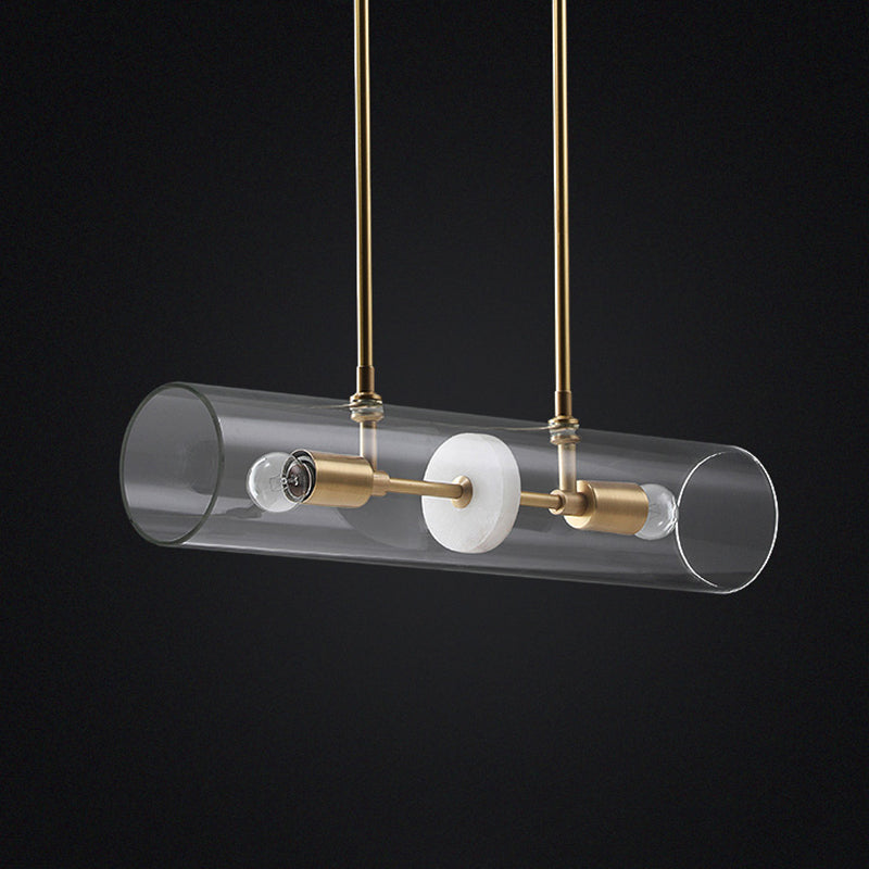 Clear Glass Horizontal Tube Island Pendant Minimalist 2 Heads Brass Finish Suspended Lighting Fixture Clearhalo 'Ceiling Lights' 'Glass shade' 'Glass' 'Island Lights' Lighting' 786753