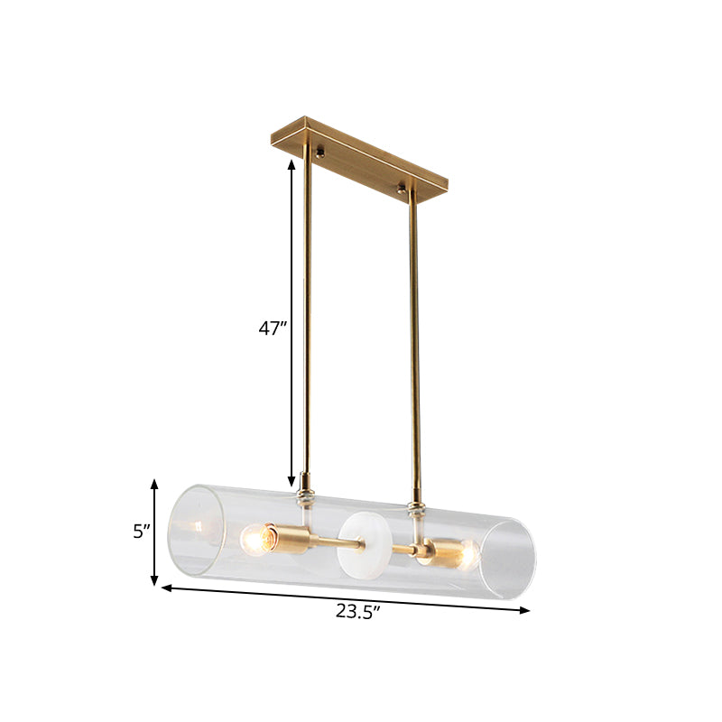 Clear Glass Horizontal Tube Island Pendant Minimalist 2 Heads Brass Finish Suspended Lighting Fixture Clearhalo 'Ceiling Lights' 'Glass shade' 'Glass' 'Island Lights' Lighting' 786754