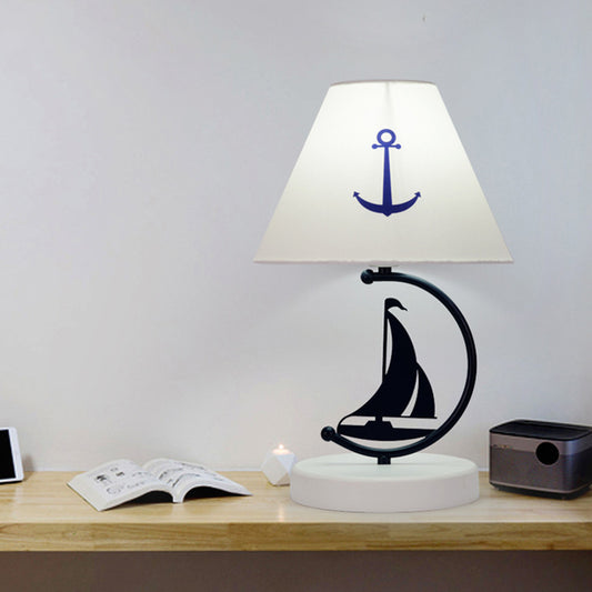 Mediterranean Sailboat Table Light Metal Single Bedside Nightstand Lamp in Black with Conical White Fabric Shade Clearhalo 'Lamps' 'Table Lamps' Lighting' 786768