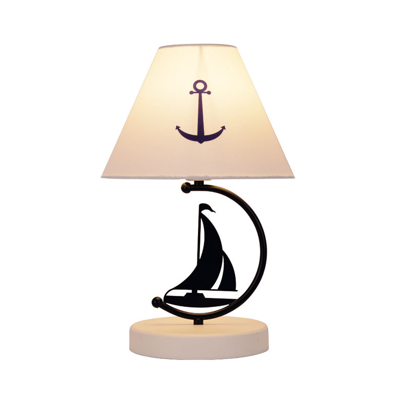 Mediterranean Sailboat Table Light Metal Single Bedside Nightstand Lamp in Black with Conical White Fabric Shade Clearhalo 'Lamps' 'Table Lamps' Lighting' 786769