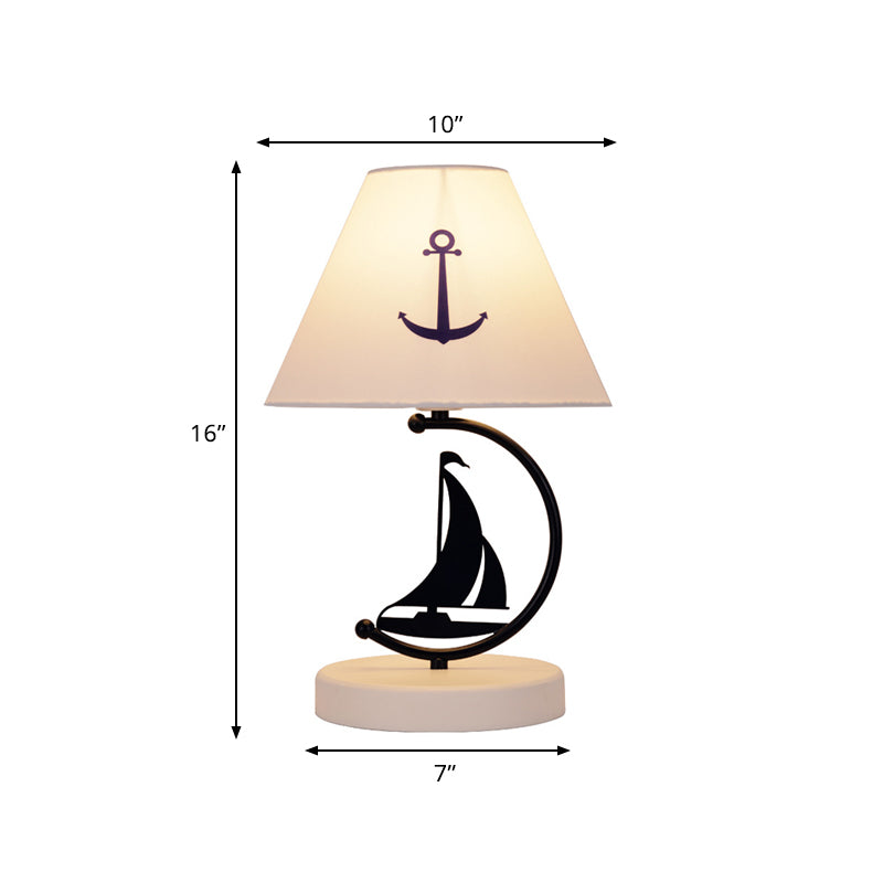Mediterranean Sailboat Table Light Metal Single Bedside Nightstand Lamp in Black with Conical White Fabric Shade Clearhalo 'Lamps' 'Table Lamps' Lighting' 786770