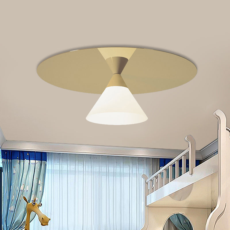 Brass Disk Flush Mount Lighting Post-Modern 1 Bulb Metal Ceiling Flush Light with Bottom Cone White Glass Shade Gold Clearhalo 'Ceiling Lights' 'Close To Ceiling Lights' 'Close to ceiling' 'Flush mount' Lighting' 786779