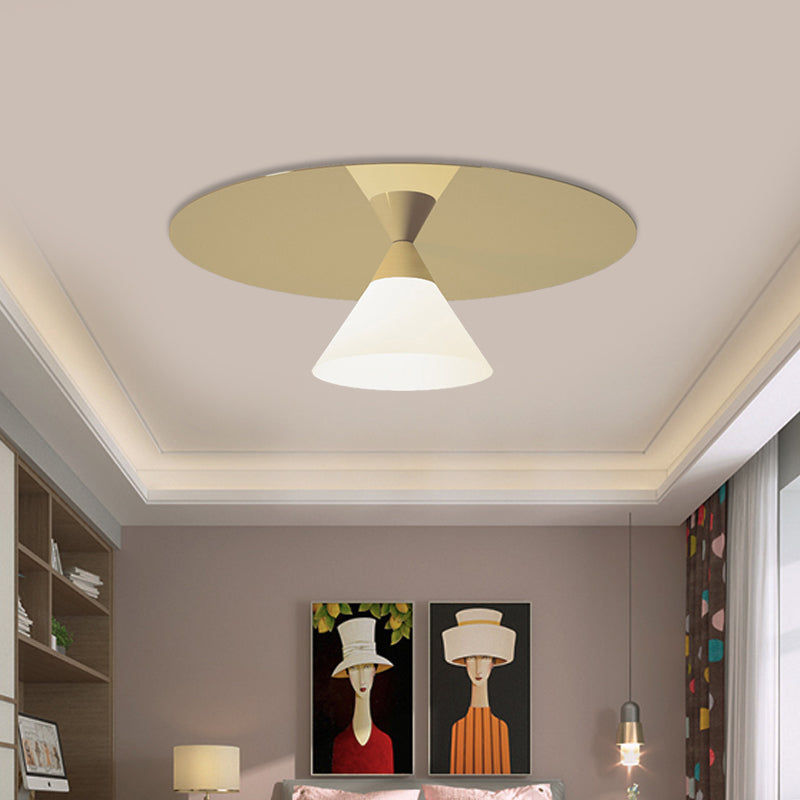 Brass Disk Flush Mount Lighting Post-Modern 1 Bulb Metal Ceiling Flush Light with Bottom Cone White Glass Shade Clearhalo 'Ceiling Lights' 'Close To Ceiling Lights' 'Close to ceiling' 'Flush mount' Lighting' 786780