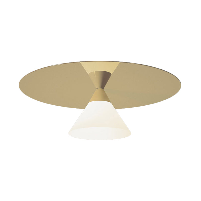 Brass Disk Flush Mount Lighting Post-Modern 1 Bulb Metal Ceiling Flush Light with Bottom Cone White Glass Shade Clearhalo 'Ceiling Lights' 'Close To Ceiling Lights' 'Close to ceiling' 'Flush mount' Lighting' 786781